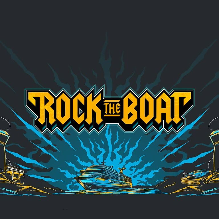 Logo for Rock the Boat featuring bold yellow text above a cruise ship on the ocean.